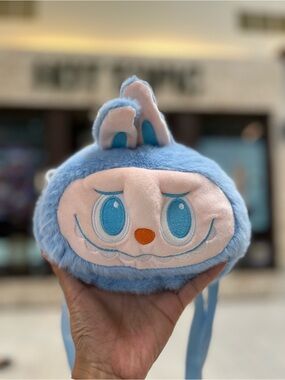 Kids Plush Labubu Face Crossbody Bag - Light Blue